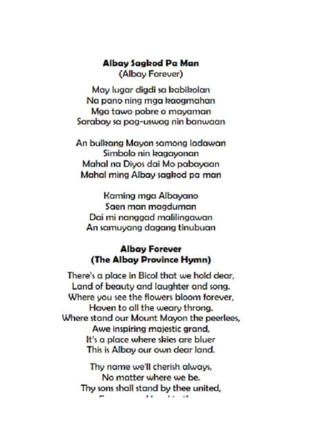 albay hymn lyrics|Albay Forever and Bicol Regional March Lyrics .